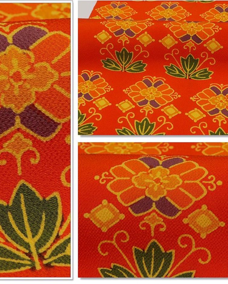 紅型 名古屋帯 紅型染名古屋帯 縮緬地 赤橙色 全通柄染め名古屋帯 紅型染の名古屋帯