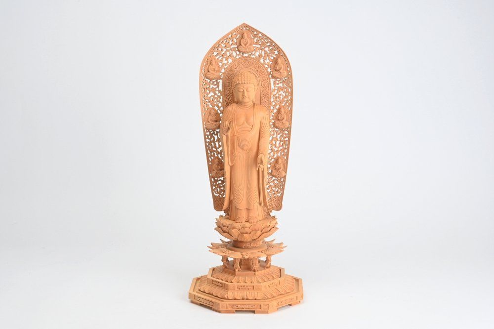 葉萌春 造 木彫 黄楊 釈迦如来立像 ガラスケース付