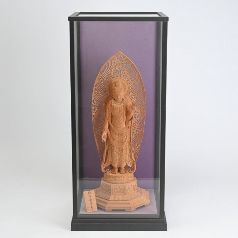 葉萌春 造 木彫 観音菩薩立像 ガラスケース付