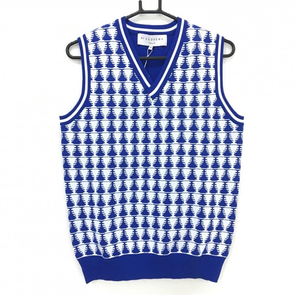 セントアンドリュース ニットベスト ブルー×白 前身頃総柄 Vネック メンズ M ゴルフウェア St ANDREWS