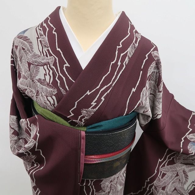 ❁tomihisa❁新品 リーフ柄 ボタニカル 着物 正絹 仕付け糸付 トール