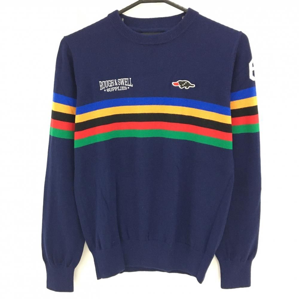 超 ラフアンドスウェル セーター ネイビー×マルチ 胸元ライン ウール100％ ニット メンズ S ゴルフウェア rough＆swell