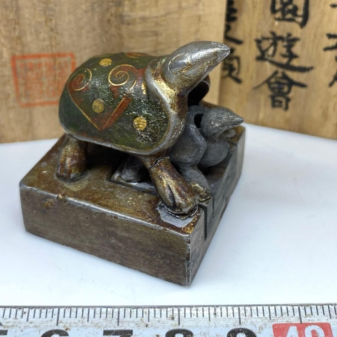 中国古玩 古銅 亀金銀象嵌 銅印196g高さ4.5㎝トコオ東な7-0209 2F