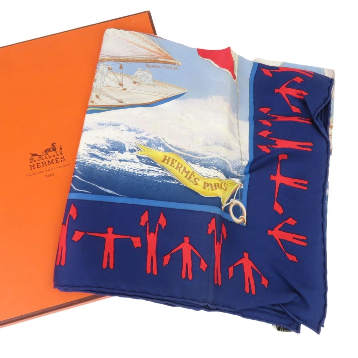 HERMES エルメス カレ90 スカーフ EN COURSE アン クールス 疾走 ヨット 海 ネイビー ブルー シルク フランス製 外 き rk10356
