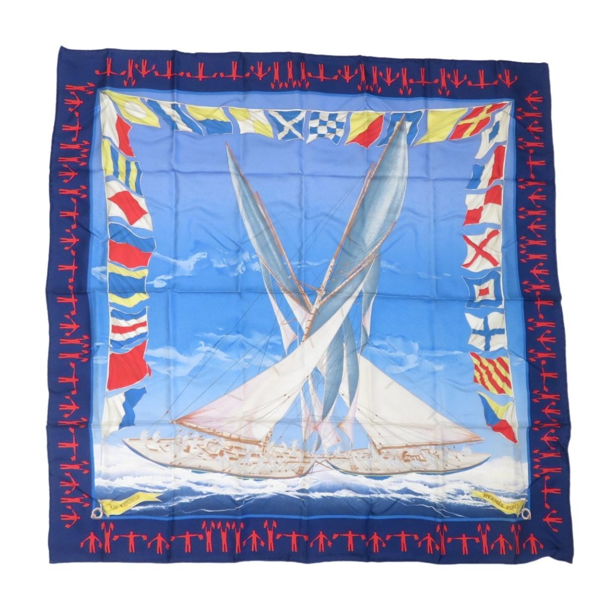 HERMES エルメス カレ90 スカーフ EN COURSE アン クールス 疾走 ヨット 海 ネイビー ブルー シルク フランス製 外 き rk10356