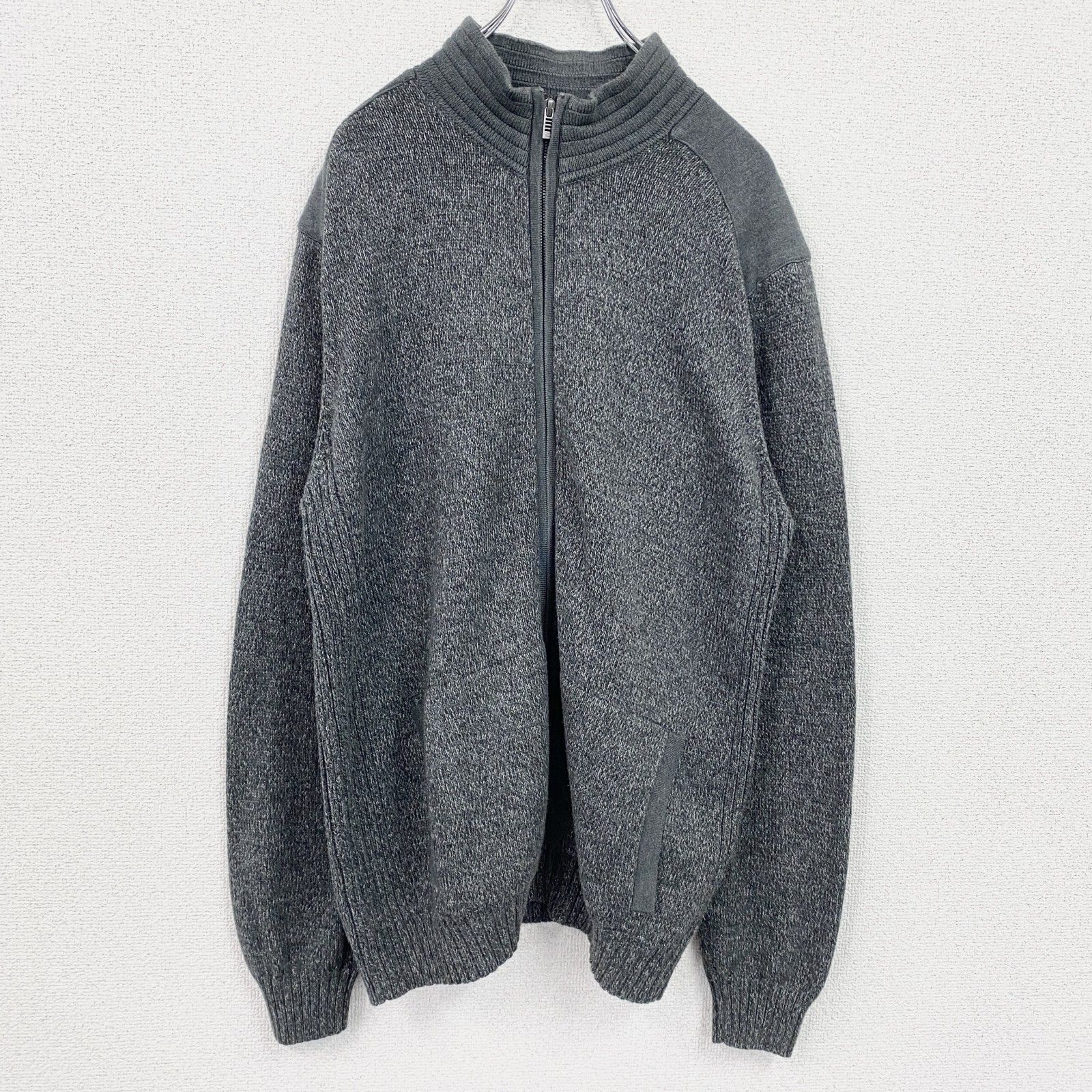 古着 Calvin Klein ドライバーズニット フルジップコットンニットジャケット ダブルジップ グレー XLサイズ