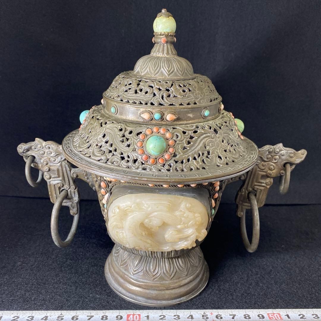 中国清朝時代シャム銀ターコイズ珊瑚象嵌香炉836gチヒオコ東な７-0209