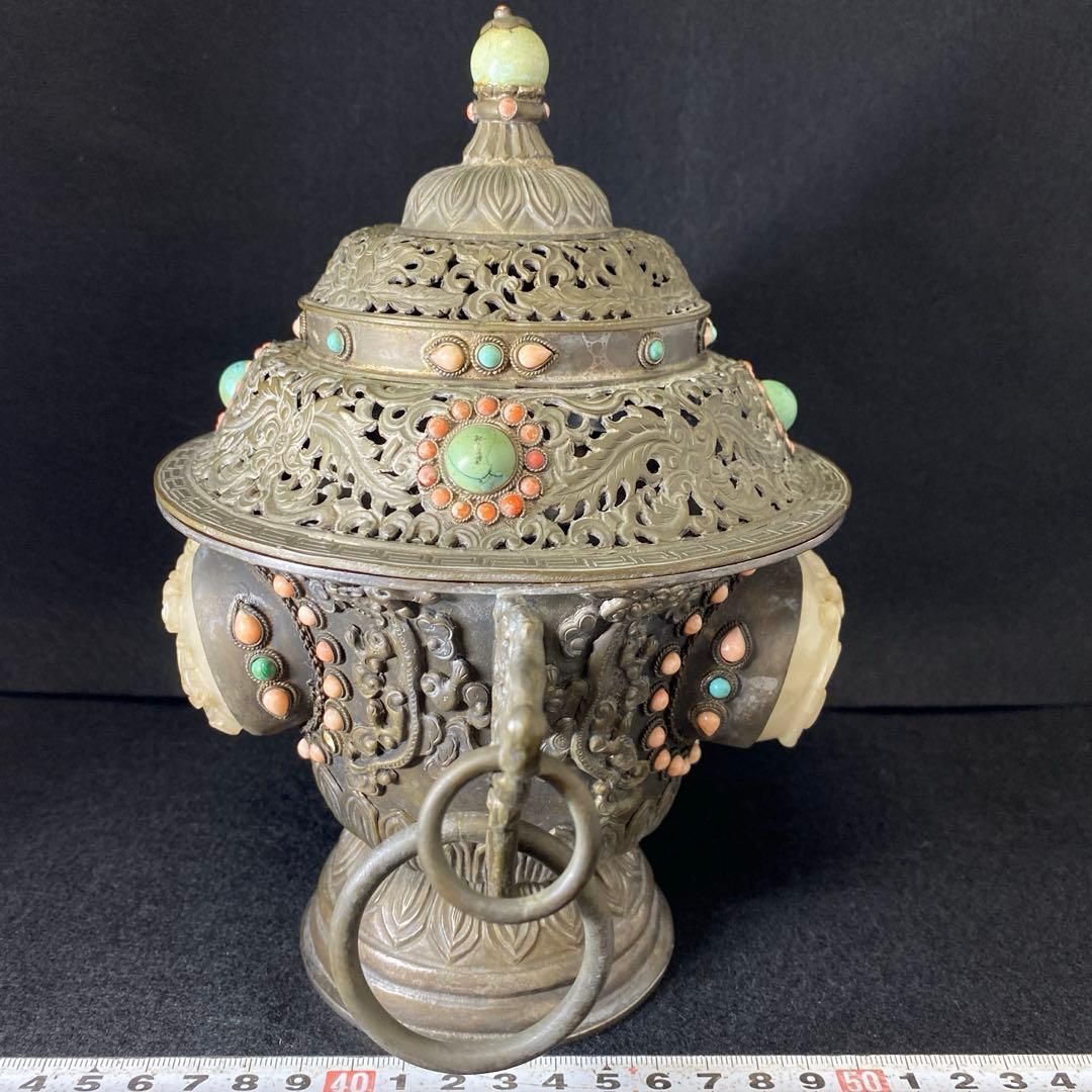 中国清朝時代シャム銀ターコイズ珊瑚象嵌香炉836gチヒオコ東な７-0209 2F