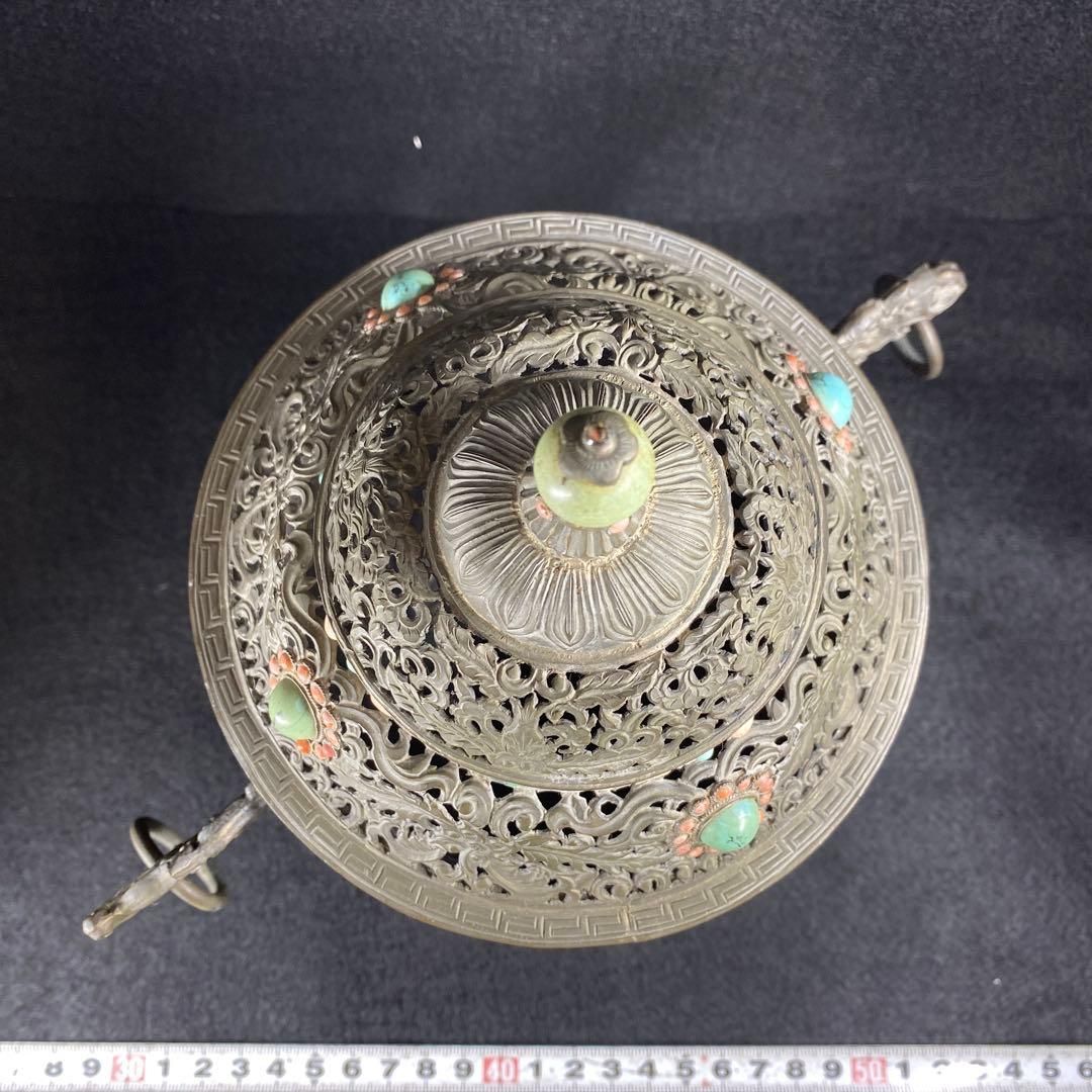 中国清朝時代シャム銀ターコイズ珊瑚象嵌香炉836gチヒオコ東な７-0209