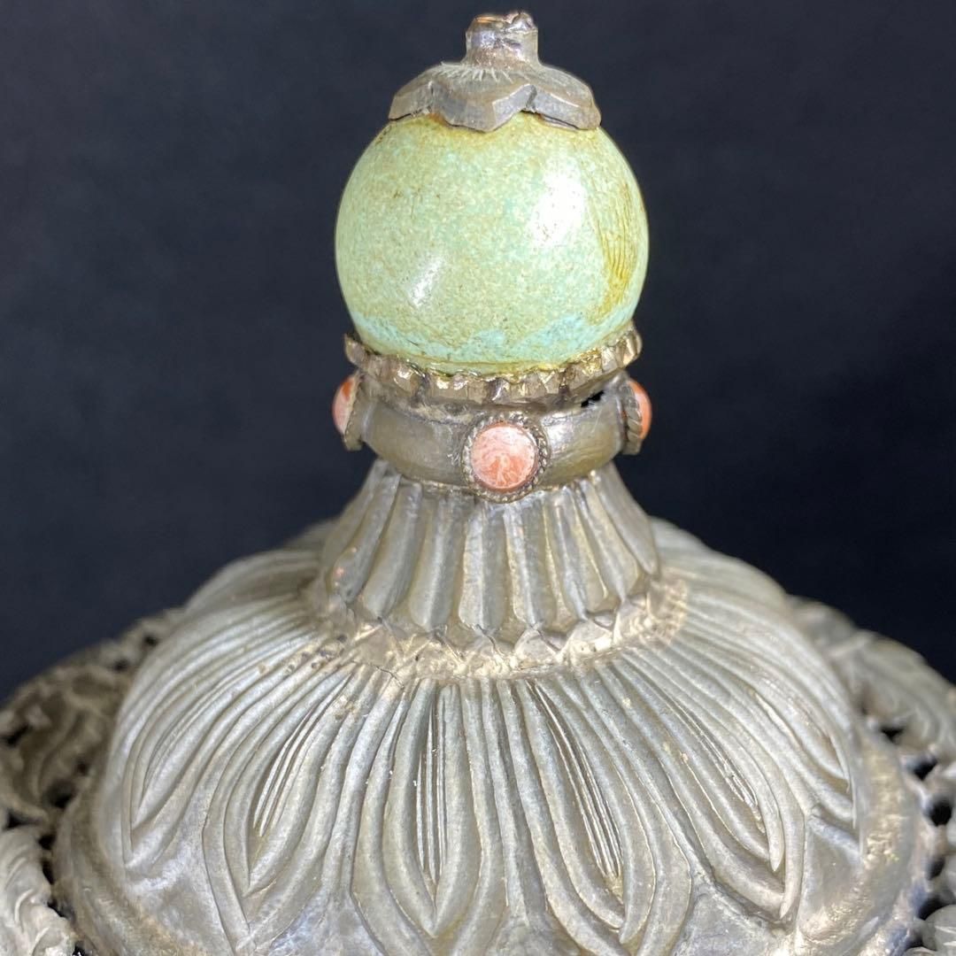 中国清朝時代シャム銀ターコイズ珊瑚象嵌香炉836gチヒオコ東な７-0209 2F