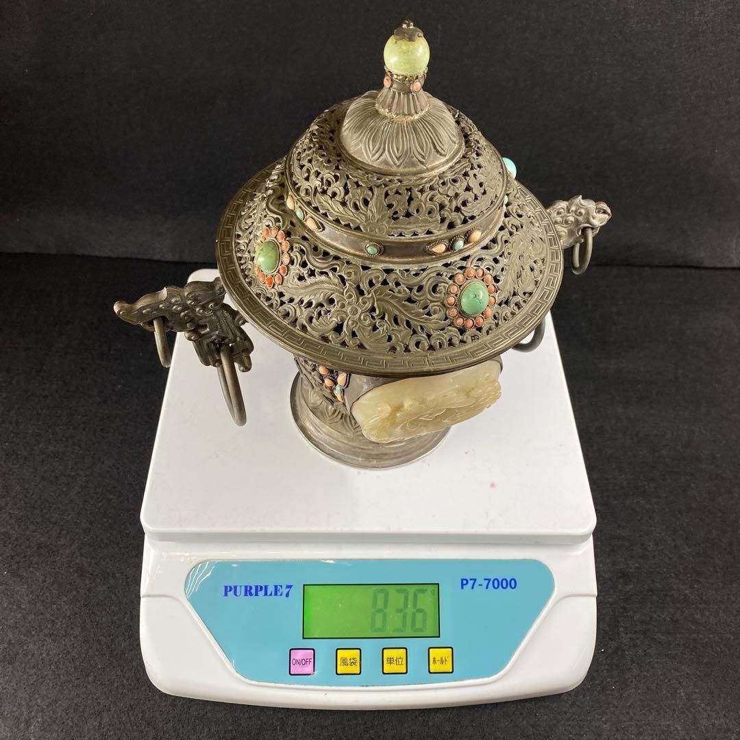 中国清朝時代シャム銀ターコイズ珊瑚象嵌香炉836gチヒオコ東な７-0209