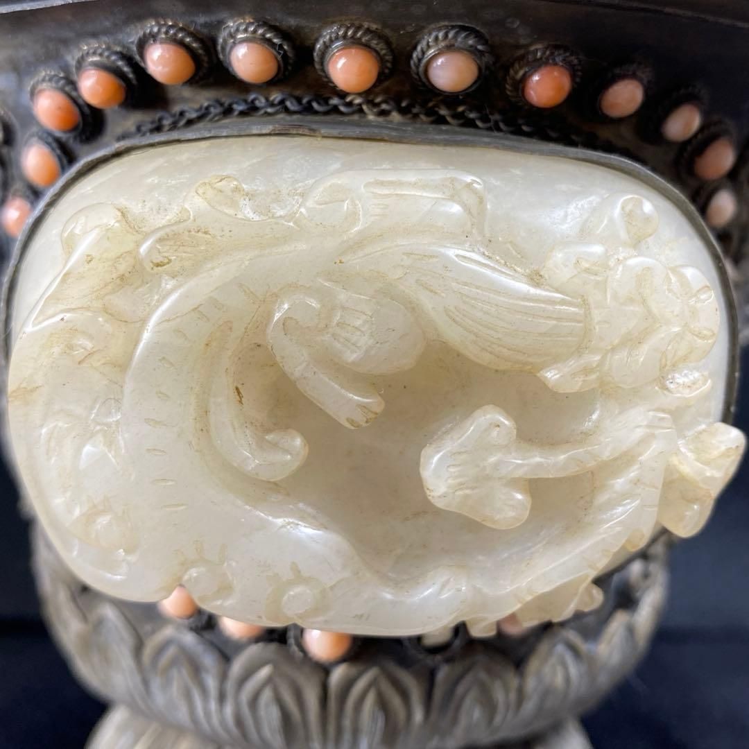 中国清朝時代シャム銀ターコイズ珊瑚象嵌香炉836gチヒオコ東な７-0209 2F