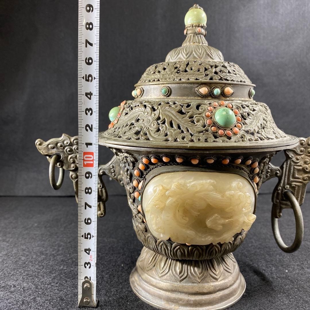 中国清朝時代シャム銀ターコイズ珊瑚象嵌香炉836gチヒオコ東な７-0209