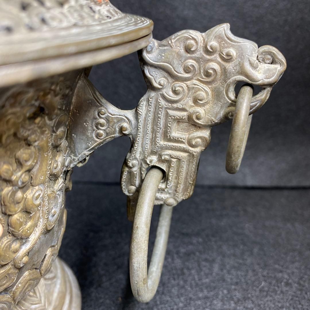 中国清朝時代シャム銀ターコイズ珊瑚象嵌香炉836gチヒオコ東な７-0209