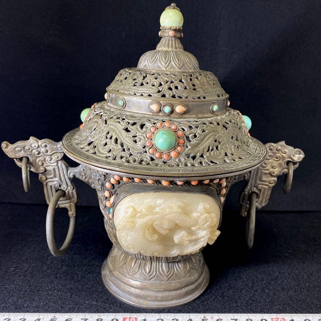 中国清朝時代シャム銀ターコイズ珊瑚象嵌香炉836gチヒオコ東な7-0209 2F