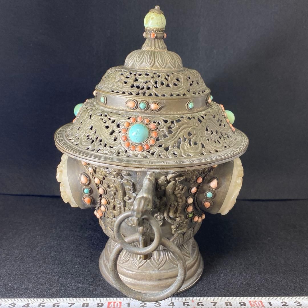 中国清朝時代シャム銀ターコイズ珊瑚象嵌香炉836gチヒオコ東な７-0209 2F