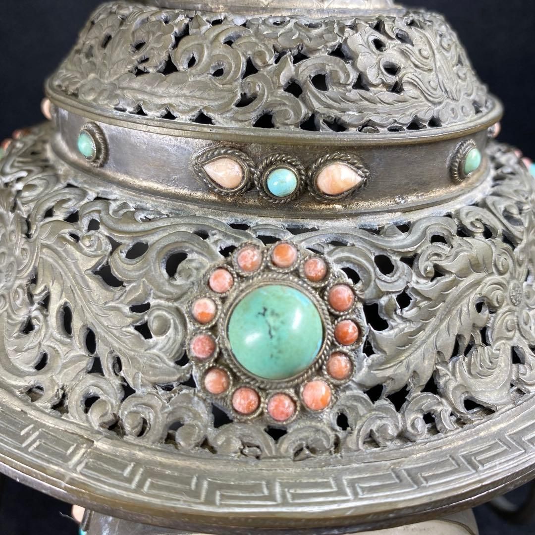 中国清朝時代シャム銀ターコイズ珊瑚象嵌香炉836gチヒオコ東な７-0209