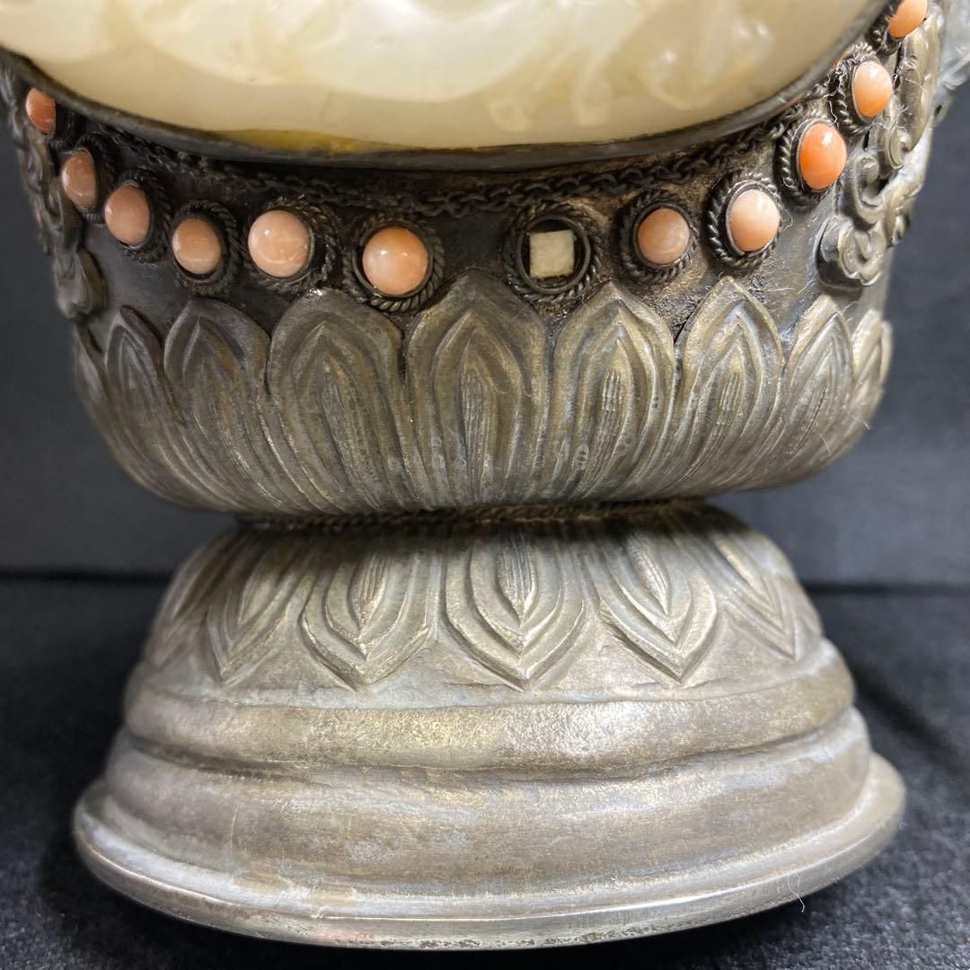 中国清朝時代シャム銀ターコイズ珊瑚象嵌香炉836gチヒオコ東な７-0209 2F