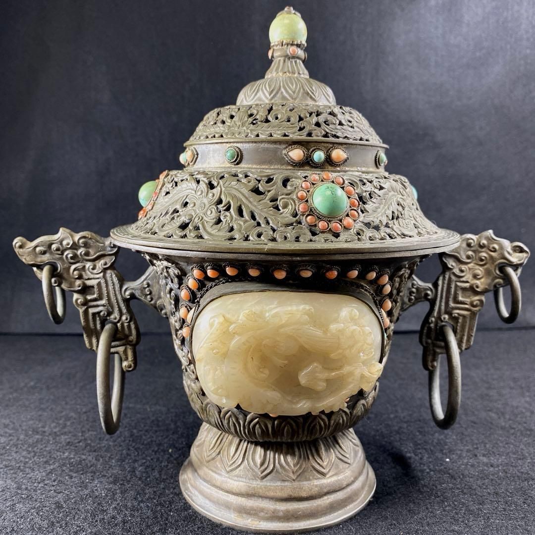 中国清朝時代シャム銀ターコイズ珊瑚象嵌香炉836gチヒオコ東な７-0209 2F