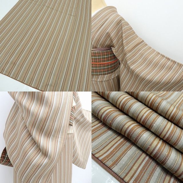 R R R✺美品 正絹 縦縞 小紋 手縫い 着物 A3832 六花-RIKKA- 美品 正絹 縦縞 トールサイズ 小紋 手縫い 着物 A3628