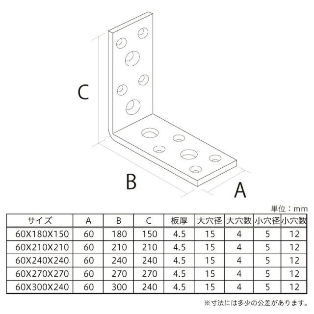 両面幅広アングル 60×270×270 5個 補強金物 隅金 幅広 取付 接合 金具 金折 L型金具 DIY 八幡ねじ