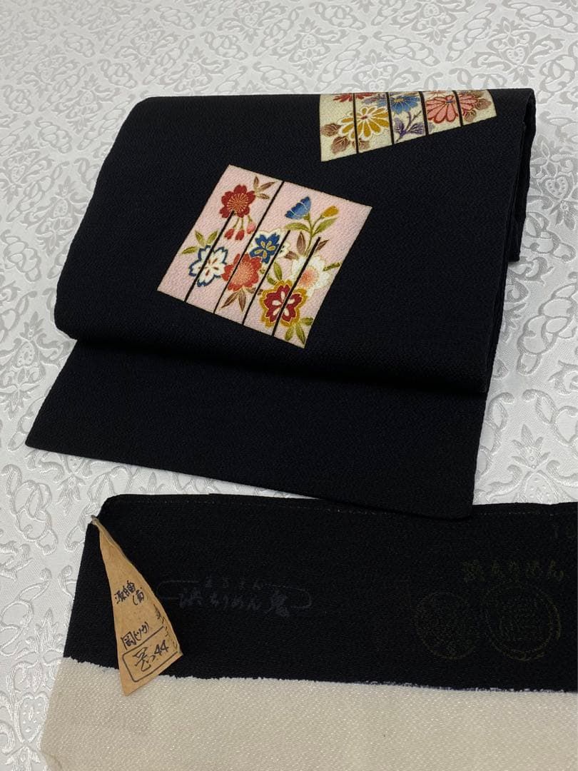 岡重謹製 手描き友禅 染帯 九寸名古屋帯 金彩 浜ちりめん 源氏香 正絹 