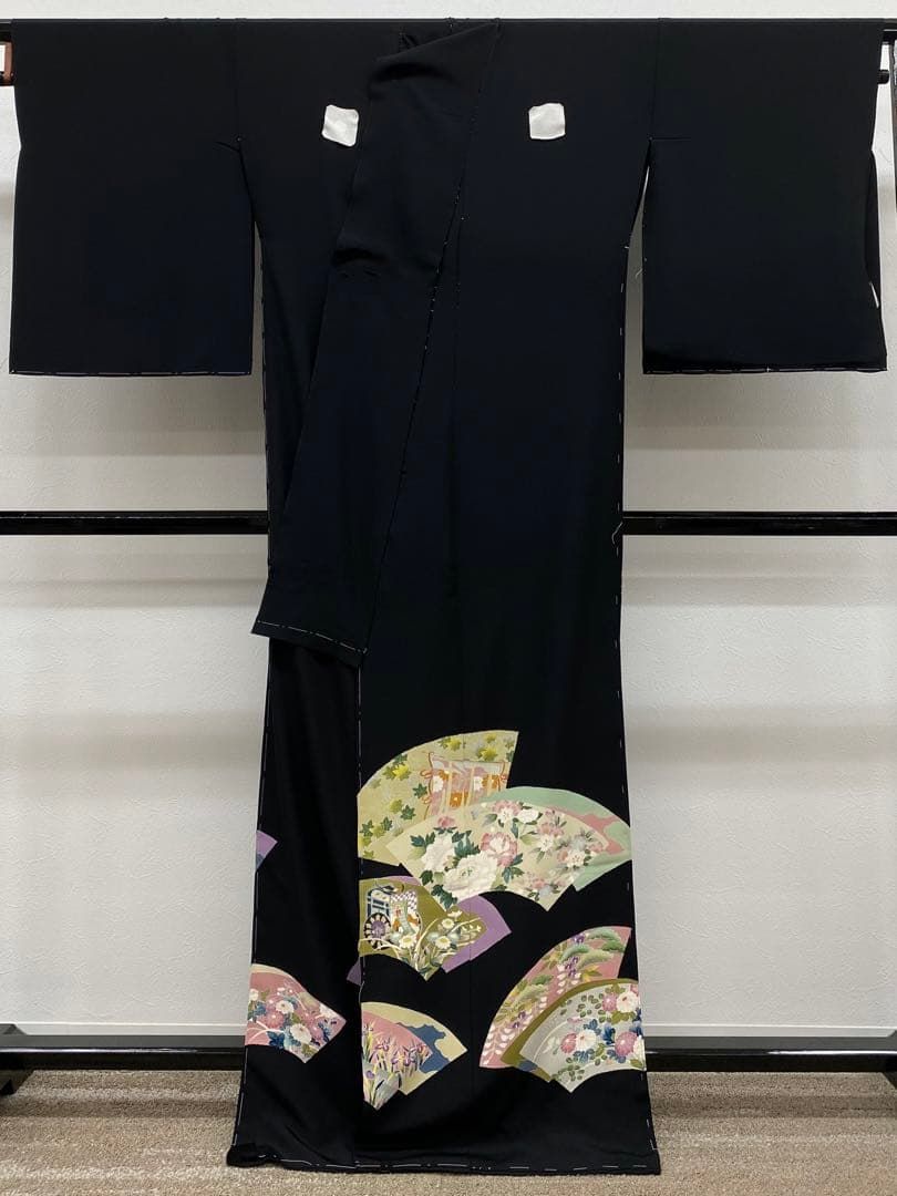 加賀友禅 南野萌仙 落款入 黒留袖 仮絵羽 未仕立て品 「扇面」 八掛