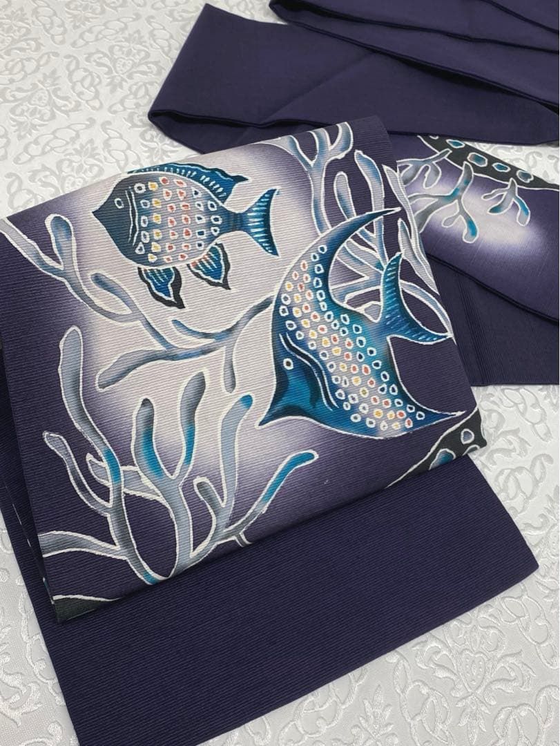 濱赤城 長浜 熱帯魚 手描き友禅 九寸名古屋帯 浜つむぎ 真綿紬糸 絹100 