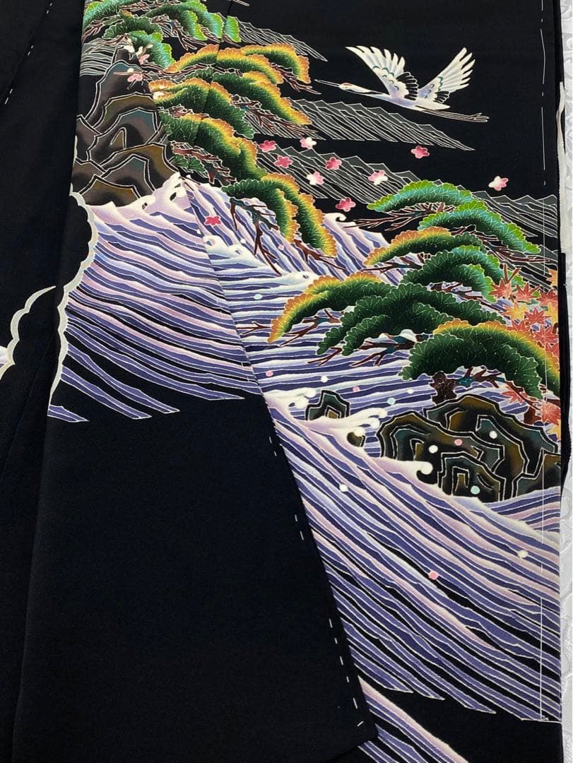 加賀友禅 小林賢一 落款入 「双鶴」 黒留袖 仮絵羽 未仕立て品 八掛 