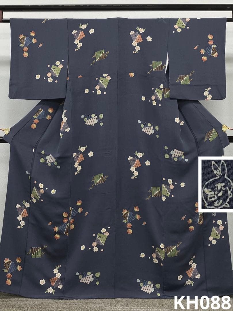 ホリヒロシ 落款入 小紋 金彩 源氏香 葵 楓 桜 鬼しぼちりめん 正絹