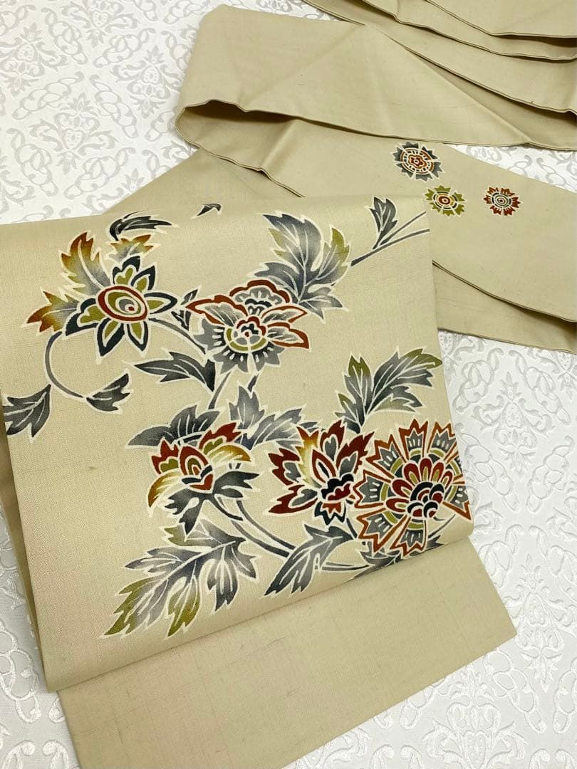 清染居 落款入 京友禅 おぢや織 唐花 九寸名古屋帯 未使用品 正絹 K403