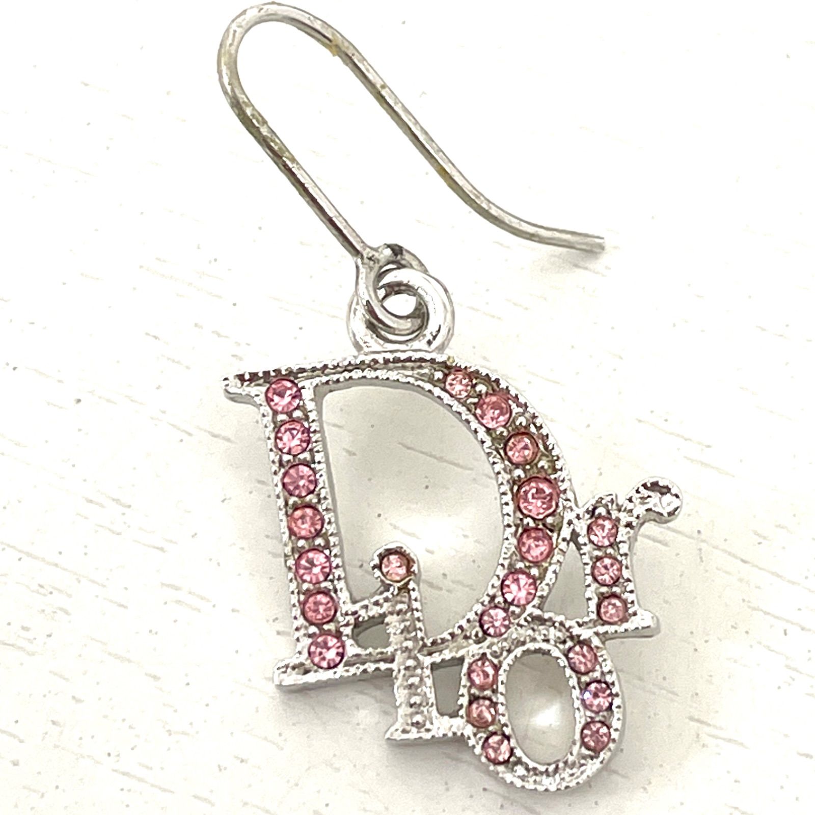 Dior ディオール ピンククリスタルピアス ロゴ プレート シルバー