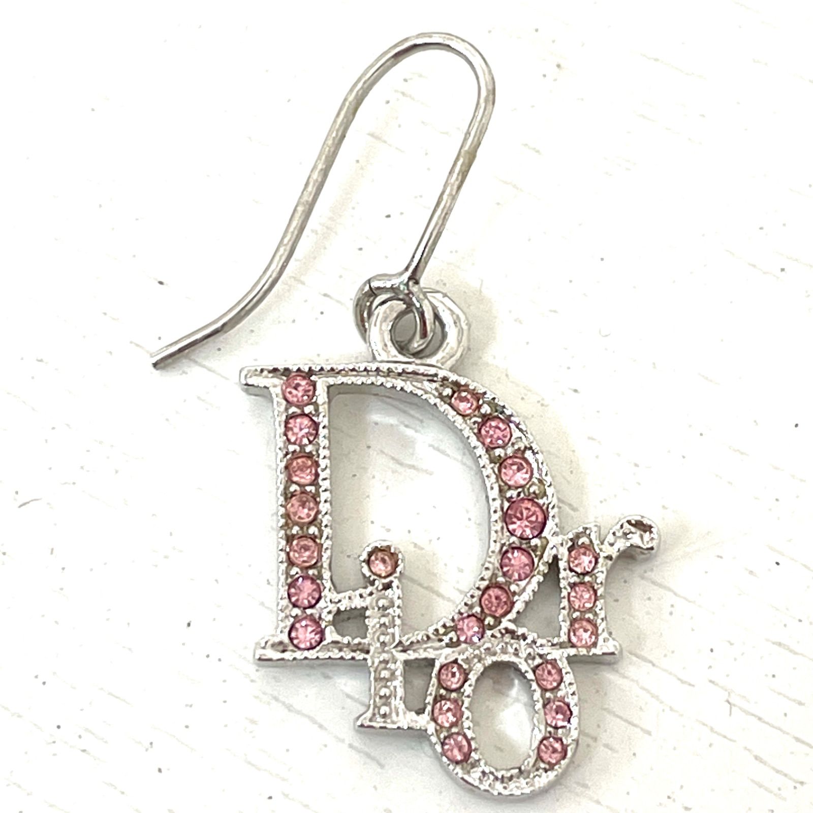 Dior ディオール ピンククリスタルピアス ロゴ プレート シルバー