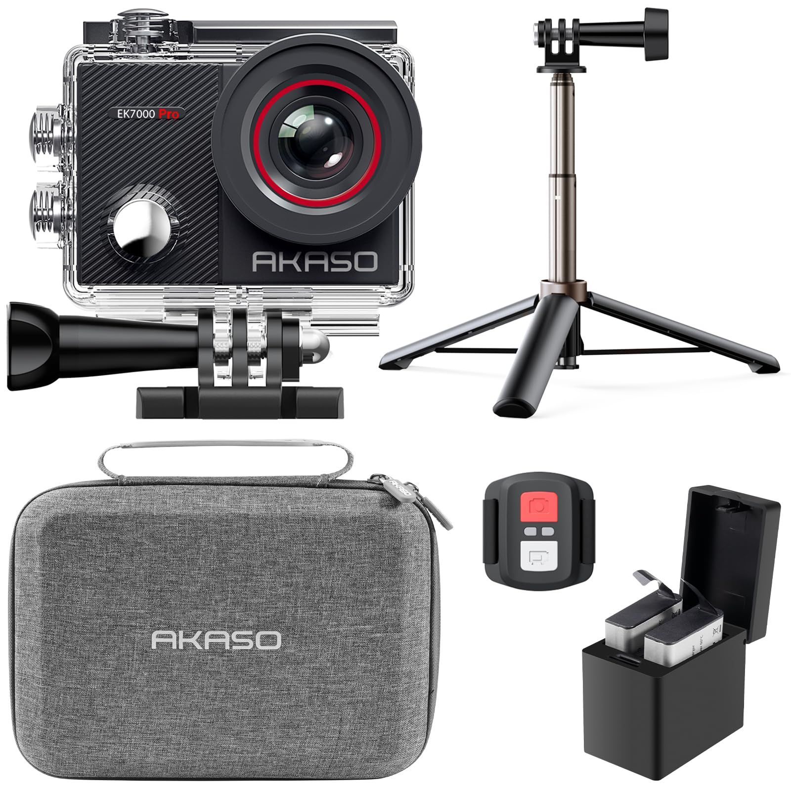 AKASO EK7000 Pro アクションカメラ 4K 2000万画素 タッチパネル式 Type-C外部マイク対応 手ブレ補正 WIFI搭載 広角レンズ 40m防水 水中カメラ HDMI出力 スポーツ 自撮り棒と収納ケース付き