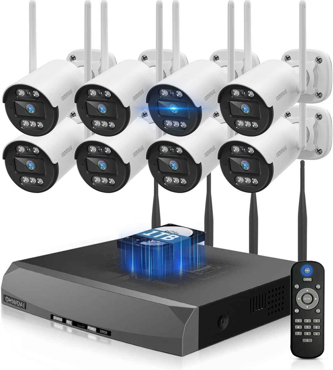 双方向通話 ダブルアンテナ OHWOAI 防犯カメラセット 8台 屋外用 ワイヤレス 広角レンズ 無線接続 電源スイッチ付 家庭用 監視カメラ 8台 1TBハードディスク内蔵