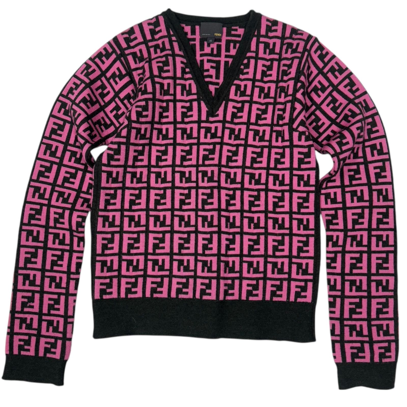 FENDI フェンディ ズッカ柄 ニット セーター 長袖 ウール ピンク ブラック 40サイズ