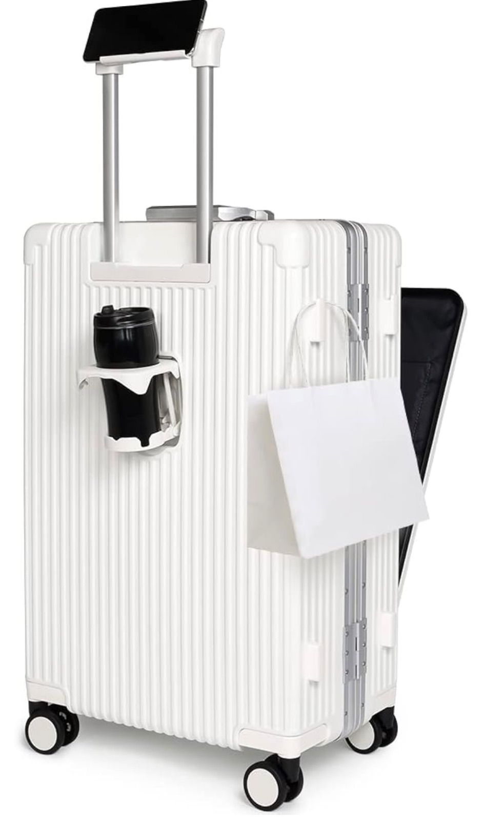 スーツケース 前開き キャスターストッパー付 キャリーケース 機内持ち込み キャリーバッグ フロントポケット スーツバッグ USB Type-C 充電口 多機能 側面フック カップボルダー 旅行出張 3-5泊 Mサイズ 67L ホワイト