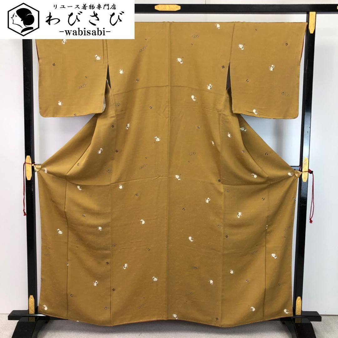 小紋 猫に小判 手毬 花唐草地模様 黄土色 ガード加工 しつけ糸 K-5449