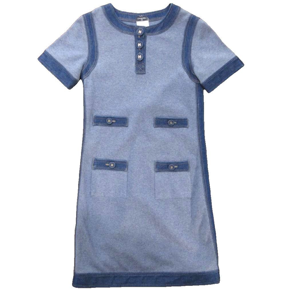 シャネル CHANEL 07P デニムトリムワンピース ニット地 カシシル カシミヤ シルク ココマークボタン インサイドアウト インディゴブルー 34 約S相当 P30368W03888 STK