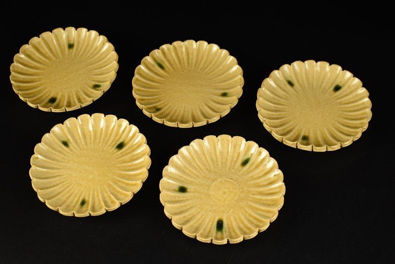 蔵A4366c 黄瀬戸 加藤幸兵衛造 菊形小皿 銘々皿 五客