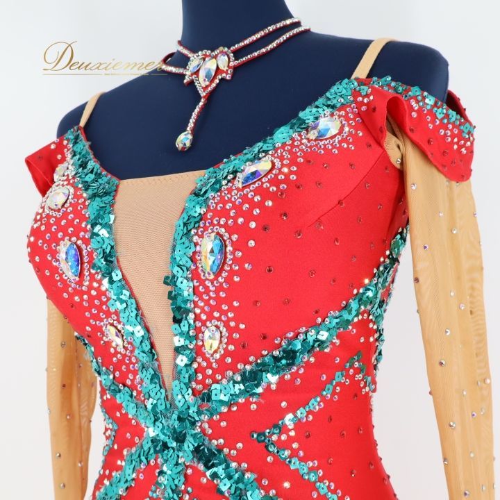 社交ダンス 衣装 スタンダードドレス ドレス スタンダード 赤 緑