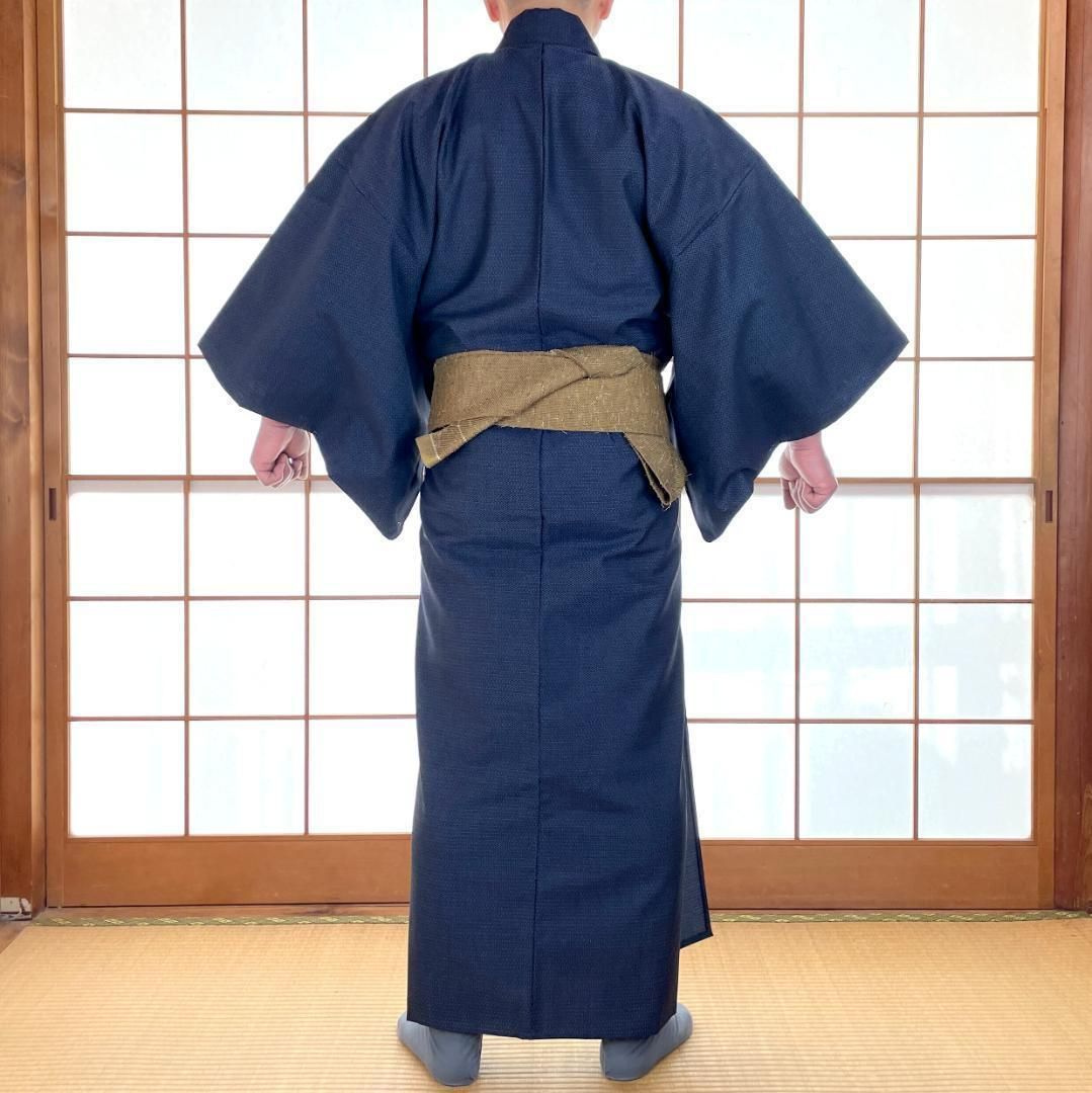  メンズウール着物 羽織 羽織紐3点セット 単衣 ウール混 亀甲柄 濃紺 身長172 cm前後 男着物 kimonolove ♥品 オゾン消臭サービス A-1534 着物セット 着物 浴衣