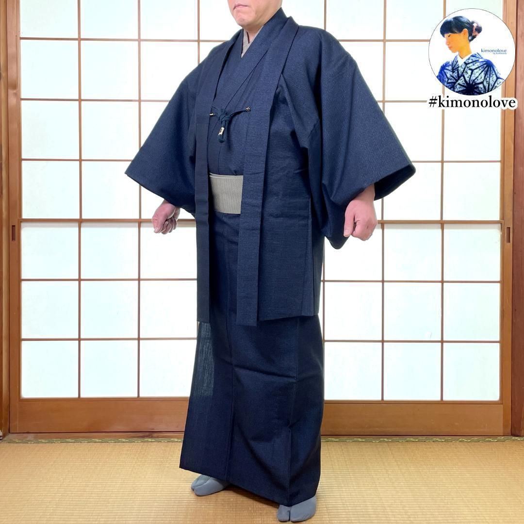 メンズウール着物 羽織 羽織紐 3点セット 単衣 ウール混 亀甲柄 濃紺 身長176cm前後 男着物 kimonolove 新古品 オゾン消臭サービス A-2093