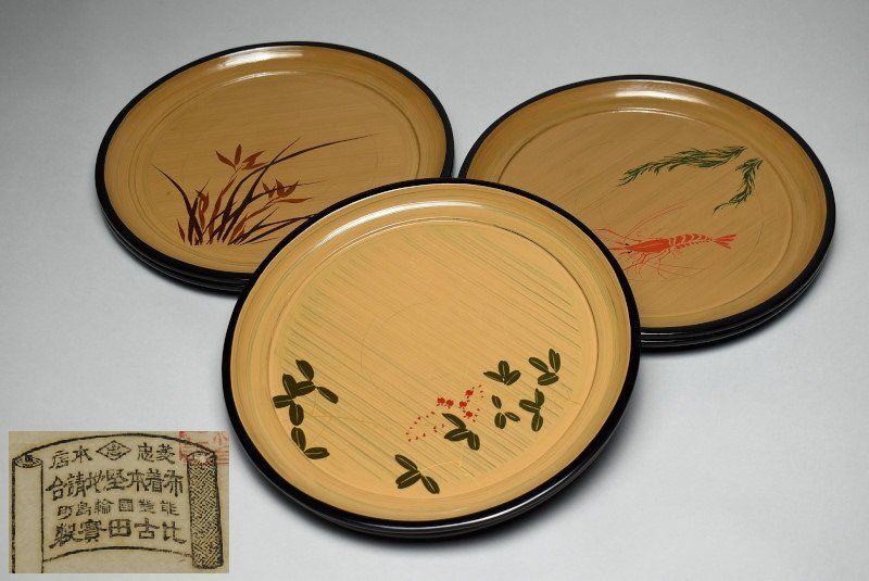 蔵A4001 能登輪島塗 菱忠本店 布着本堅地 会席盆 六客