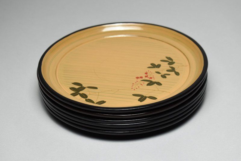 蔵A4001 能登輪島塗 菱忠本店 布着本堅地 会席盆 六客