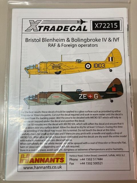 Extra Decal X72215 Bristol Blenheim & Bolingbroke Mk.IV/IVF 1/72 Scale Decal!