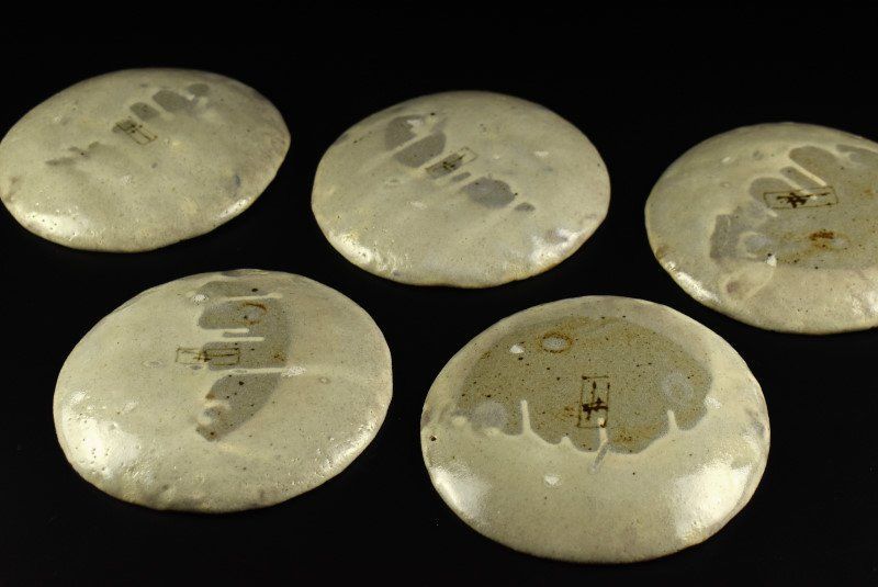 蔵A3963a 豊場惺也 大萱窯 粉引 五寸皿 中皿 五客 共箱