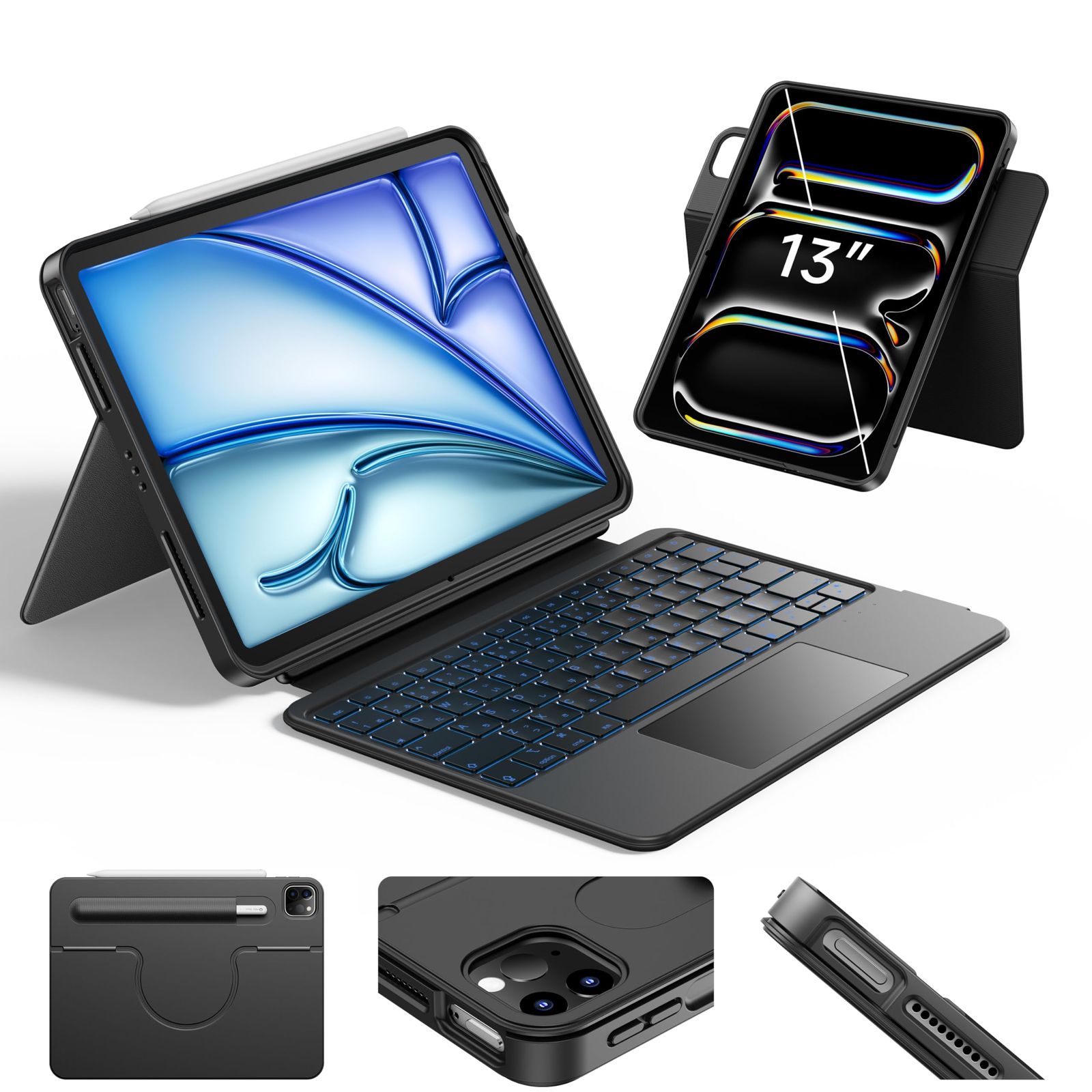 HOU iPad キーボード付きケース for iPad Air M3 13インチ 2025 | M2 2025 - iPad Pro 13 M4| 12.9 第6|第5|第4|第3世代 磁気分離式ケース キーボード 大型高精度タッチパッド搭載