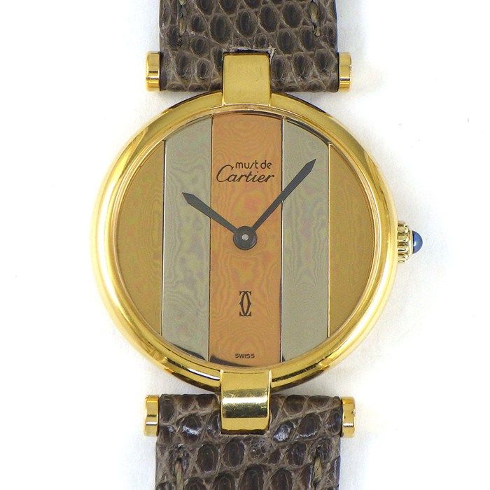 カルティエ Cartier 腕時計 マスト ヴァンドーム SM 590003 ヴェルメイユ ストライプ スリーカラー文字盤 GP SV925 ブラウン リザード レザーベルト クオーツアナログ