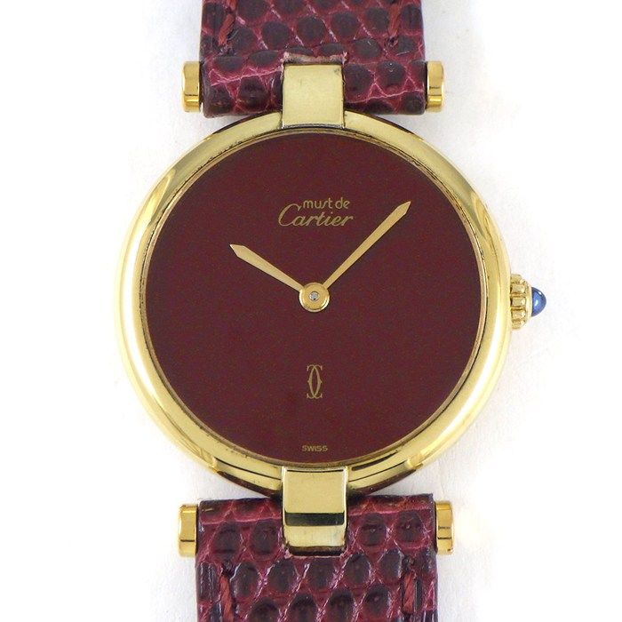 カルティエ Cartier 腕時計 マスト ヴァンドーム SM 590003 ヴェルメイユ ボルドー ワインレッド文字盤 GP SV925 バーガンディー リザード レザーベルト クオーツアナログ 箱 保付き